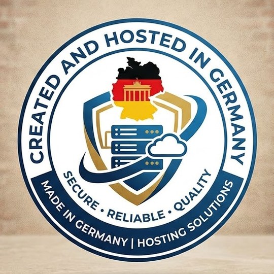 Seal: Created and hosted in Germany &ndash; secure, reliable, quality. Made in Germany, Hosting Solutions